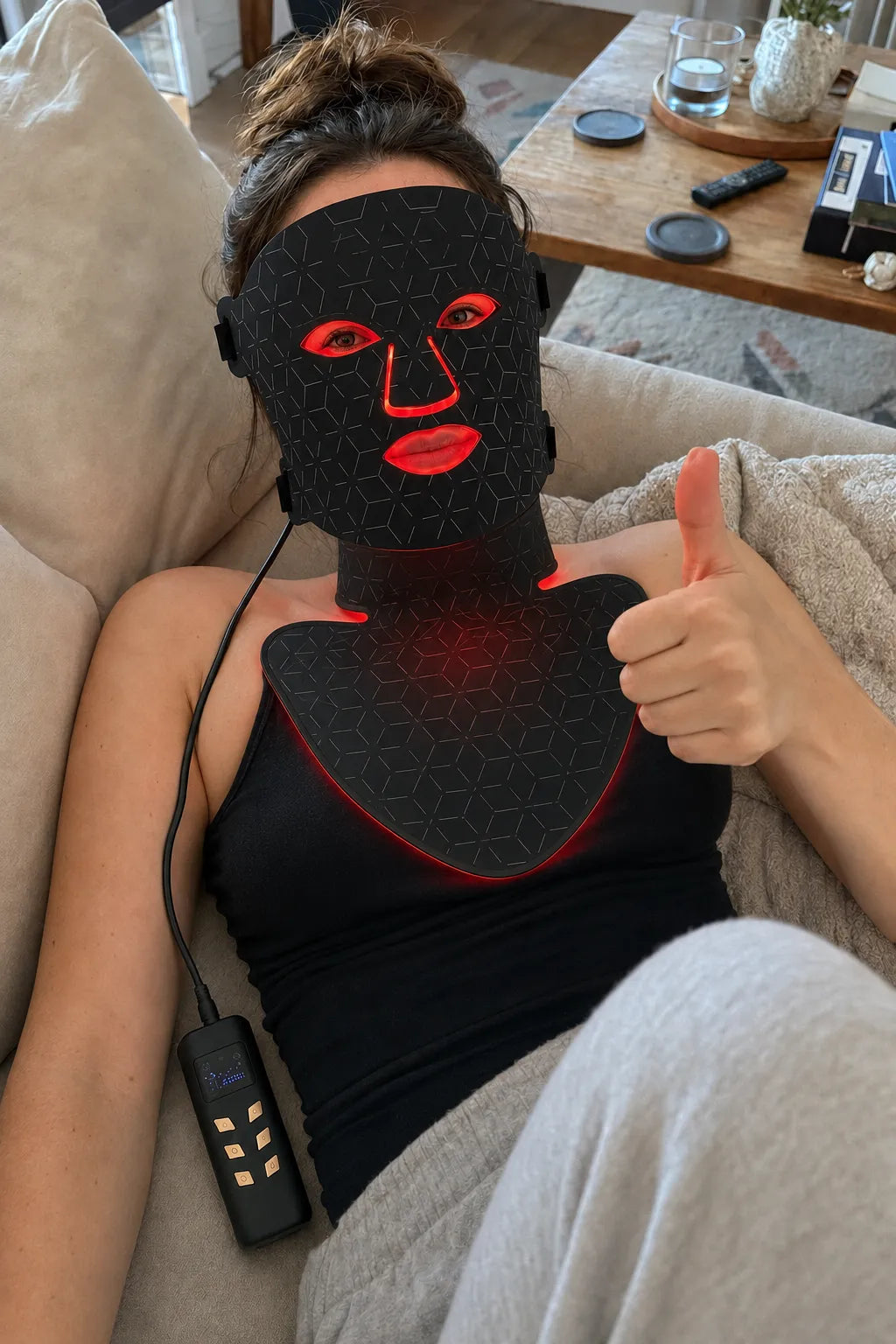 A person reclining on a couch wearing a black LED light therapy face and neck mask that glows red around the eyes, mouth, and neck, with a handheld controller resting beside them.