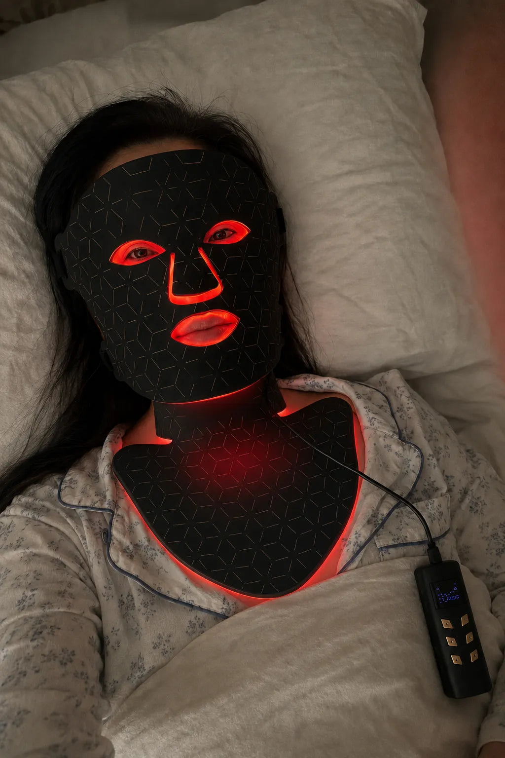 A person lying in bed wearing a black LED light therapy face and neck mask with glowing red light, along with a small remote control.