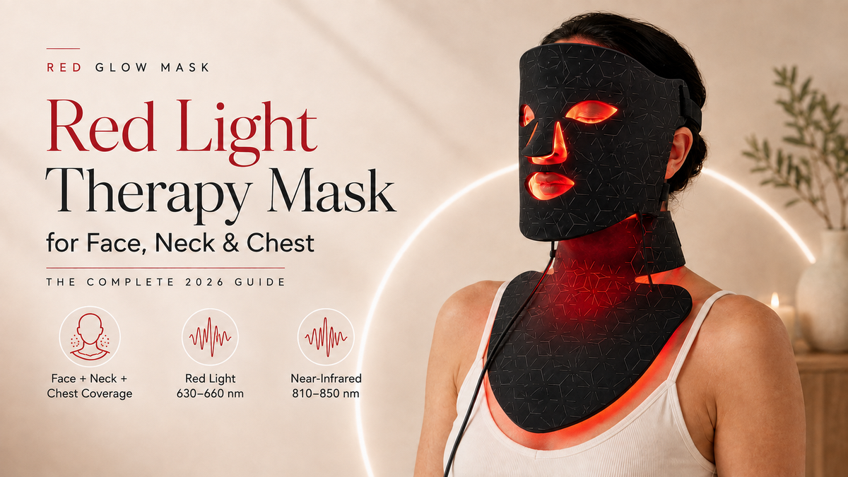 Woman wearing a black red light therapy mask covering the face, neck, and chest, with glowing red LEDs and callouts for 630–660 nm red light and 810–850 nm near-infrared light.
