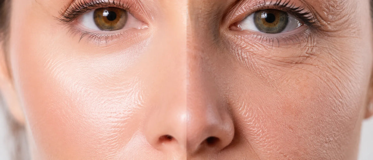 Extreme close-up of a person's face showing natural skin texture, pores, and fine wrinkles around the eyes and nose.