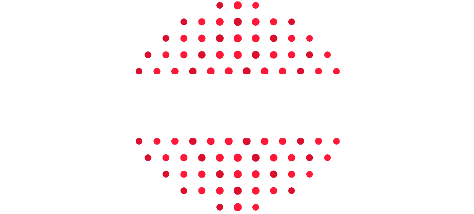 A minimalist logo or graphic design featuring two symmetrical clusters of red dots forming an upward-pointing arch shape, set against a solid white background.